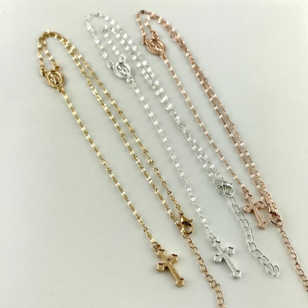 NEW Gold Tone Rosary lariat Cross Necklace - Picture 2 of 3
